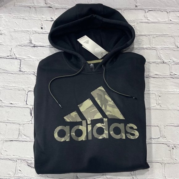 NEW adidas Men's Essentials Camo Badge of Sport 3-Stripes Hoodie Black Large - Picture 1 of 3